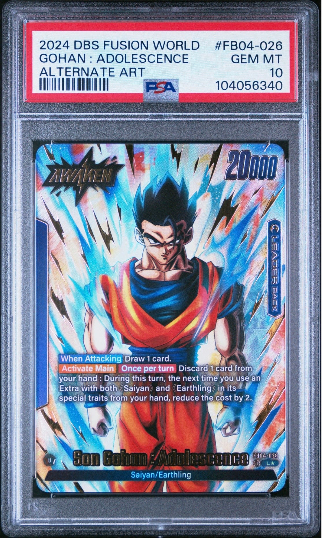 Dragon Ball Super Fusion World Son Gohan: Adolescence Alt Art Leader Back PSA 10 Slab