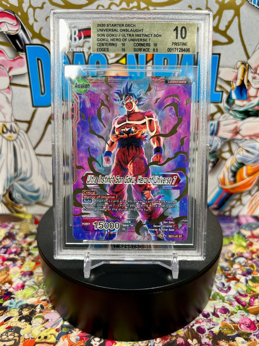 Dragon Ball Super Masters Ultra Instinct Son Goku, Hero of Universe 7 Starter Deck Gold Stamp Leader Back BGS 10 Slab